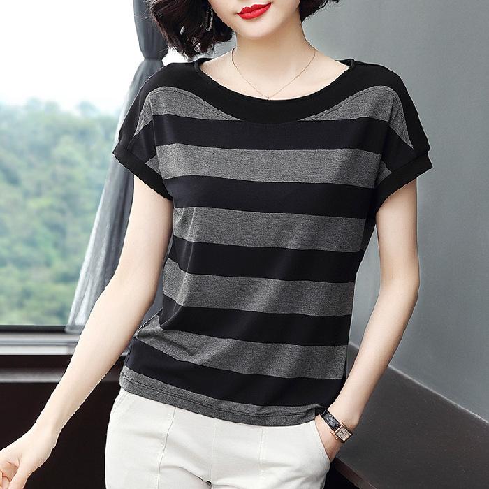 

Striped loose short-sleeved t-shirt women s summer new large-size women s clothing 55.5kg mother s fat sister t-shirt women M черный серый