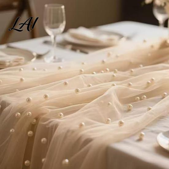 Versatile Table Runner for Holidays Faux Pearl Runner Sheer Tulle Washable Dining Room Elegant Overlay Weddings Holiday Parties Dreamy Decor