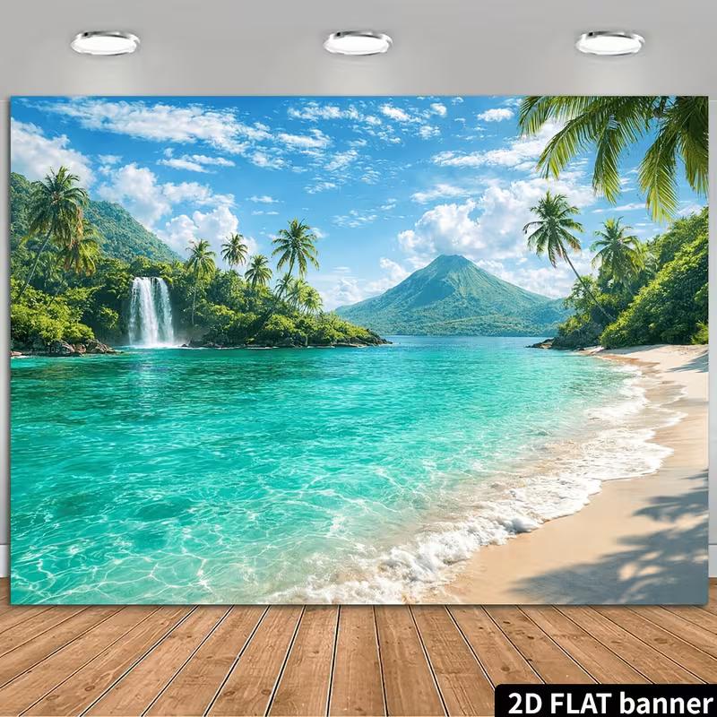 2D Waterfall Palm Volcano Mountain Lagoon Beach Backdrop Tropical Wall Tapestry 47.2x31.5inch/120*80cm