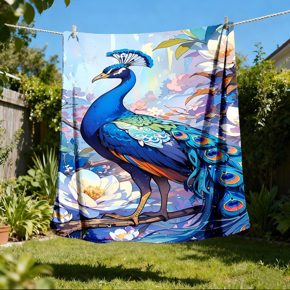 1pc Peacock Feather Artwork Outdoor Flannel Blanket, Cozy & Warm Soft Te Playful Design, Napping Camping,