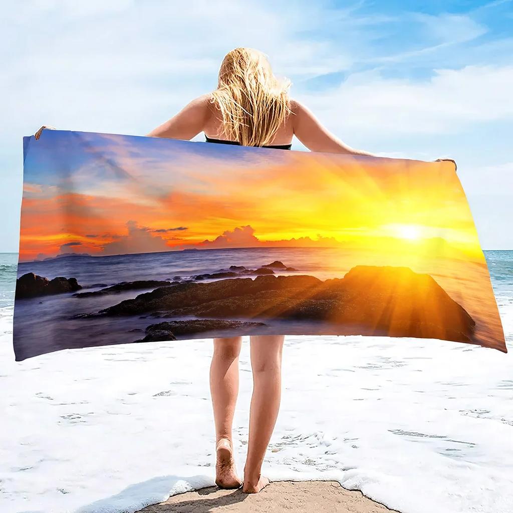 Strand Badepool Saugfähiges Handtuch,Strand Meeresküste Sonnenuntergang Strandwellen Küsten,Leichtgewicht Waschlappen Schnelltrocknend Sandfrei Poolhandtücher