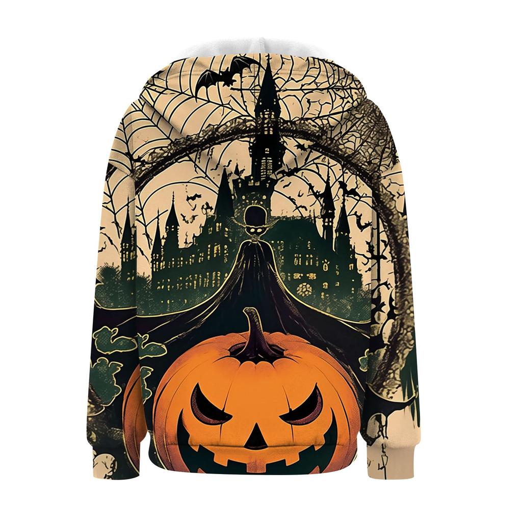 Women's Casual Halloween Printed Sportswear Autumn And Winter Long Sleeved Hooded Jacket With Pocket Zipper