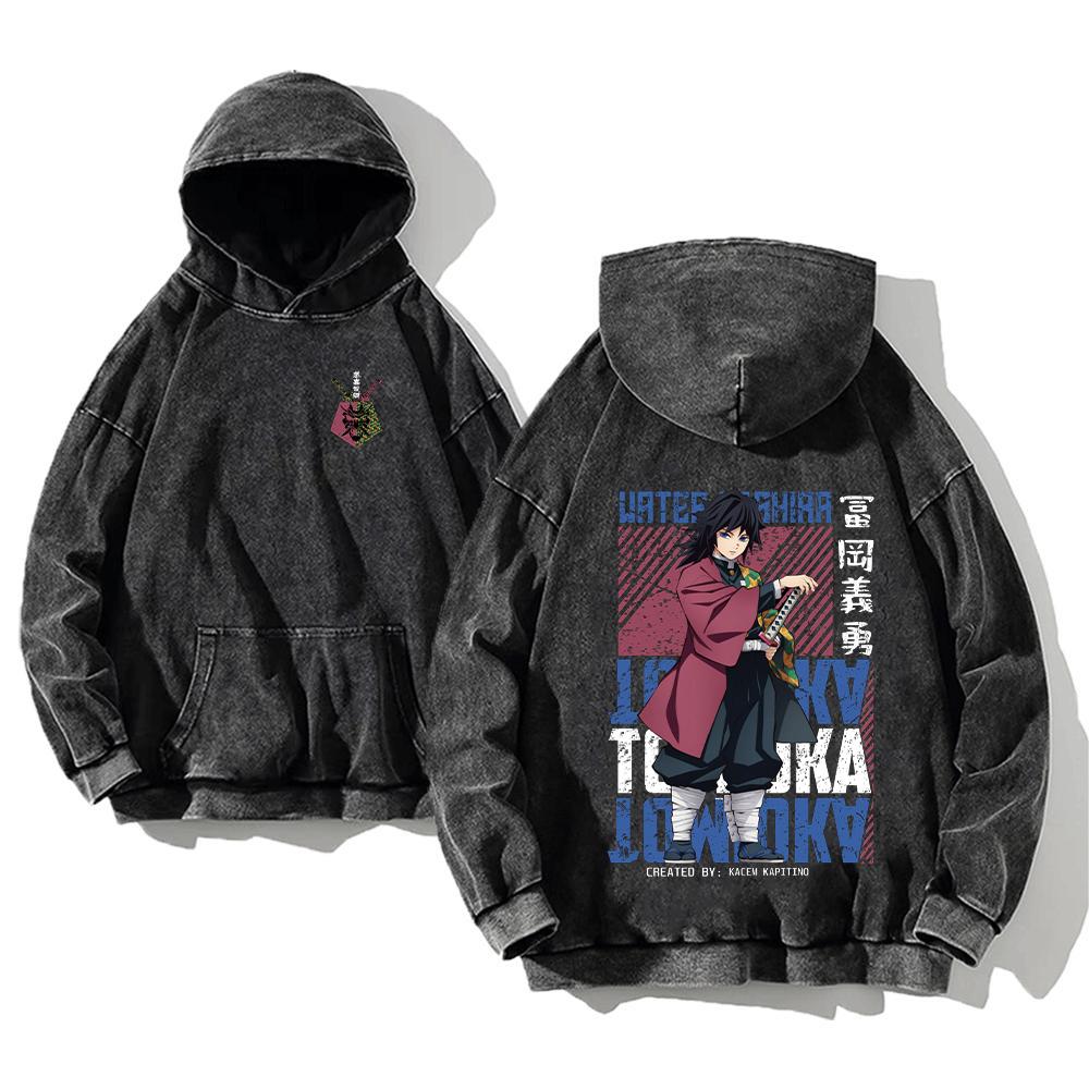 Demon Slayer Printed Hoodies Shinazugawa Sanemi Anime Men Women Cotton Sweatshirts Vintage Washed Oversized Casual Streetwear