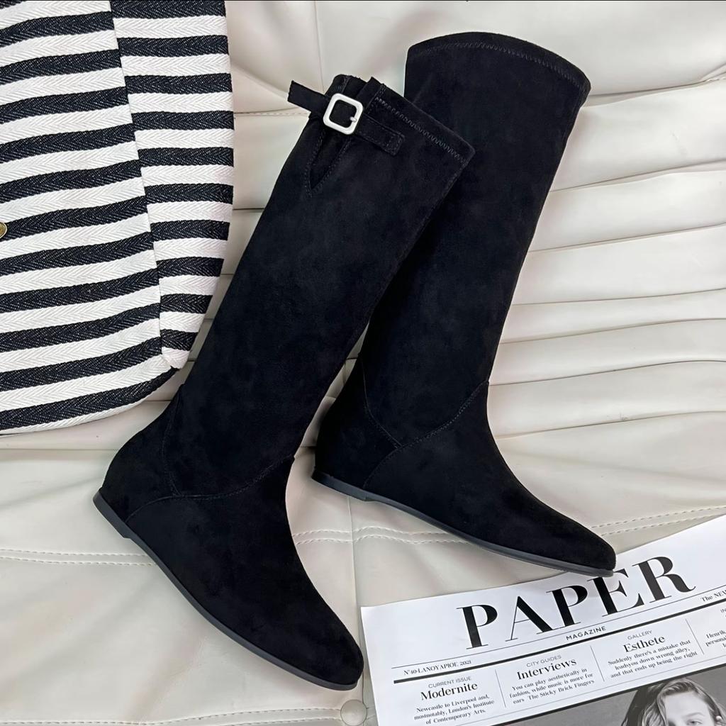 New Early Autumn Pleated Pile Fashion Boots Women's Versatile French Retro Belt Buckle Skinny Boots Western Boots Women's