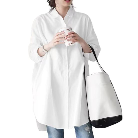 Women Shirt Lapel Long Sleeve Single Breasted Shirt Tops Solid Color Mid-length Irregular Shirt Tops Work Wear