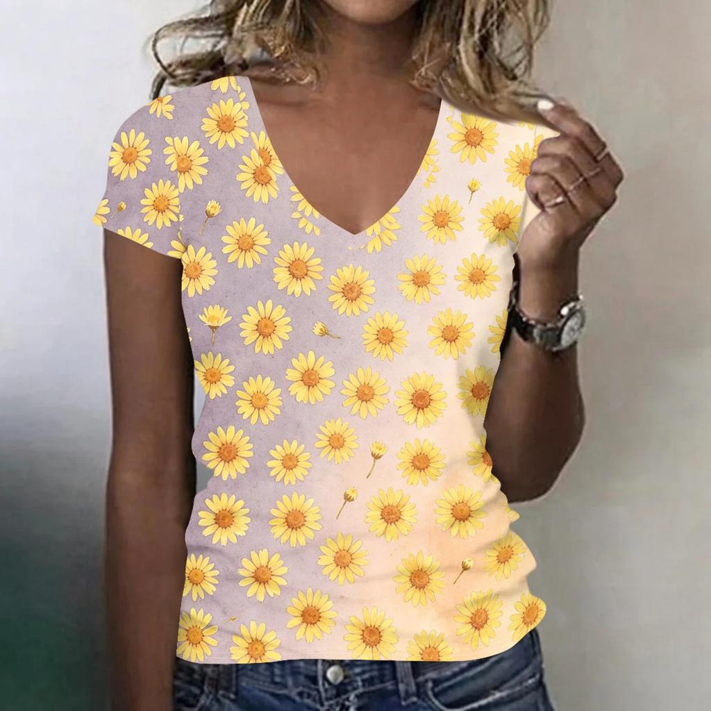 Women's Casual V Neck Short Sleeve Floral Print T Shirt Top Lightweight Comfortable Summer Tee with Daisy Pattern