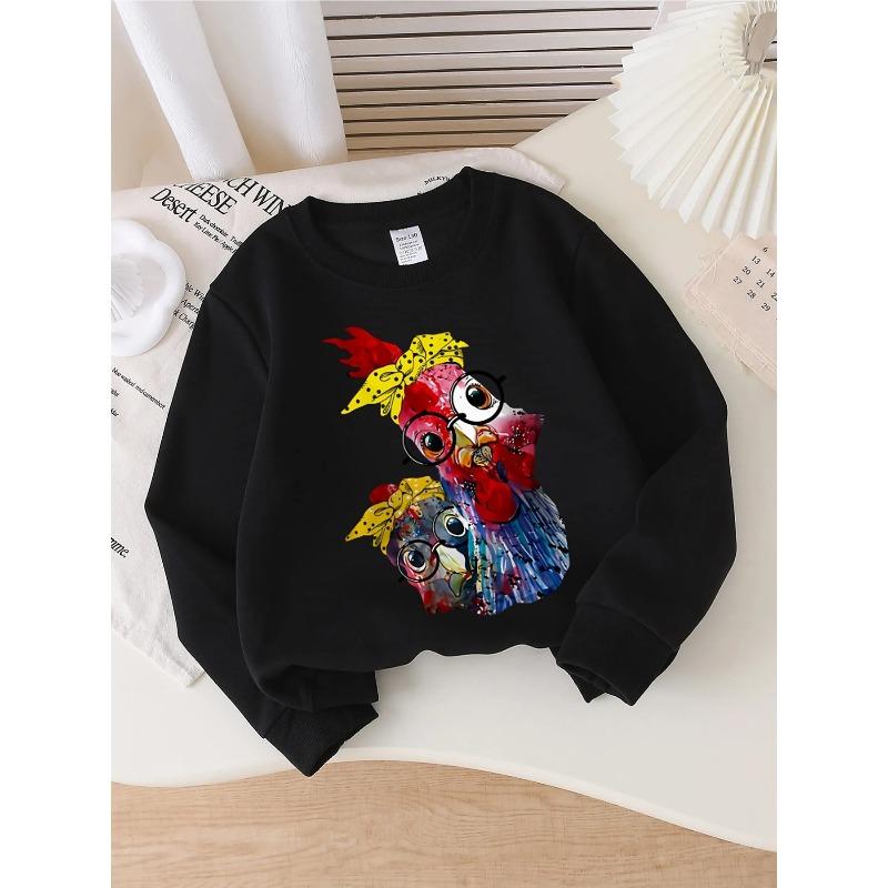 Kids Unisex Crewneck Sweatshirt, Watercolor Two Chickens With Yellow Polka Dot Bows And Glasses Cartoon Print Soft Pullover For Kids Over 4 Years Old