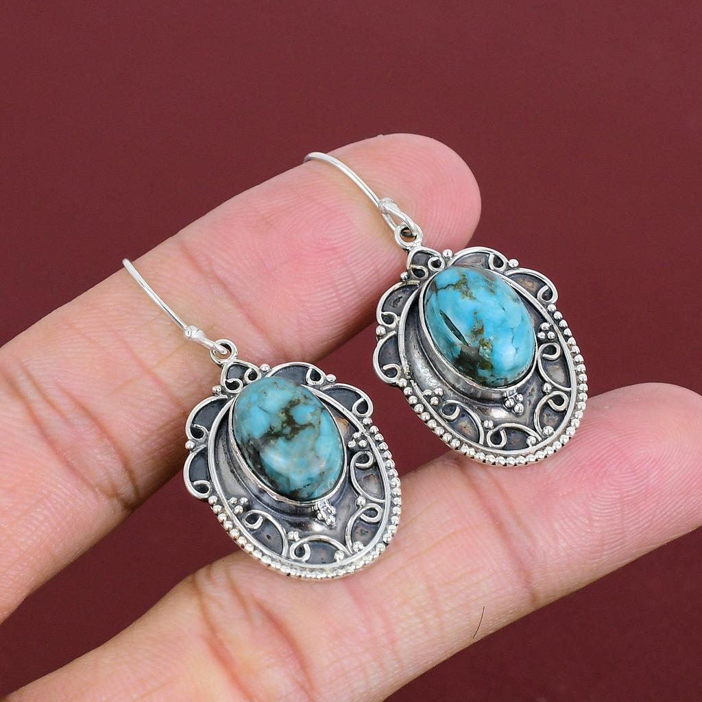 Tibetan Turquoise Gemstone Earring Vintage Earring Handmade Jewelry 925 Sterling Silver Earring Unique Jewelry Drop Earring Gifts For Mother