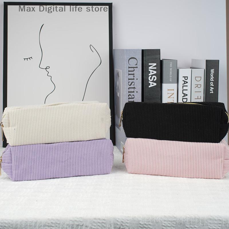 Vintage Simple Solid Color Corduroy Pencil Case Large Capacity Stationery Storage Bag School Supplies