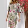 Floral Print Vintage Slit Round Neck Short Sleeve Dress