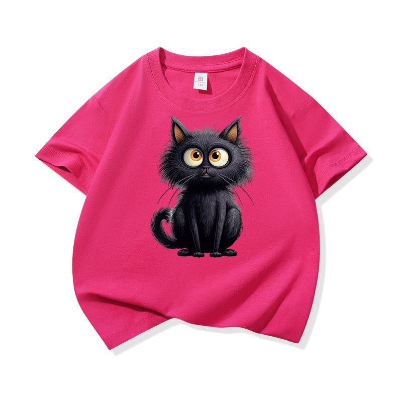 Cute Black Cat Graphic Tee Kids 100 Cotton Crew Neck Casual Breathable T Shirt Short Sleeve Muticolor Tops For Sweet Girls Boys