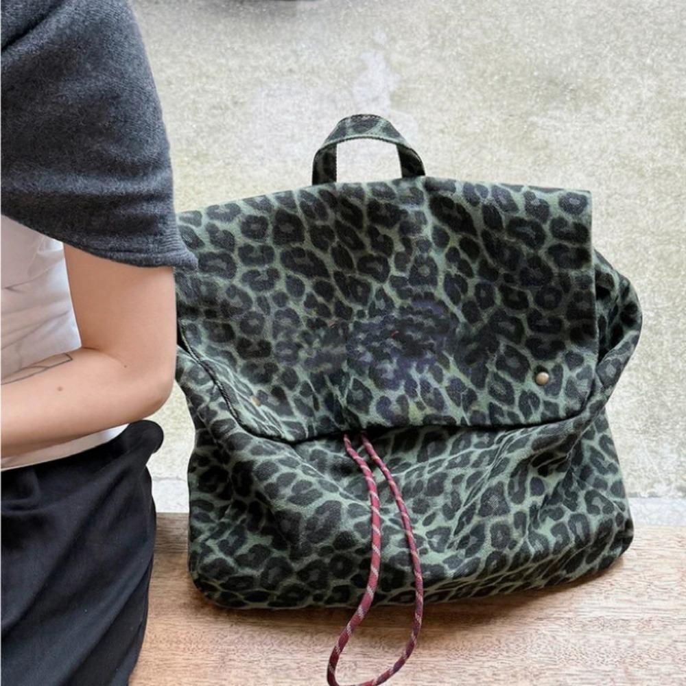 Tide and cool leopard print canvas backpack women's 2025 new casual large-capacity travel backpack female college student schoolbag
