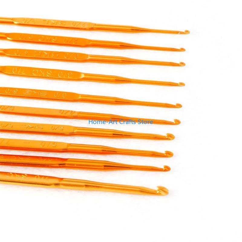 Y3NA 10Pcs Golden Aluminum Double End Crochet Hook Knitting Needle Set Weave Craft