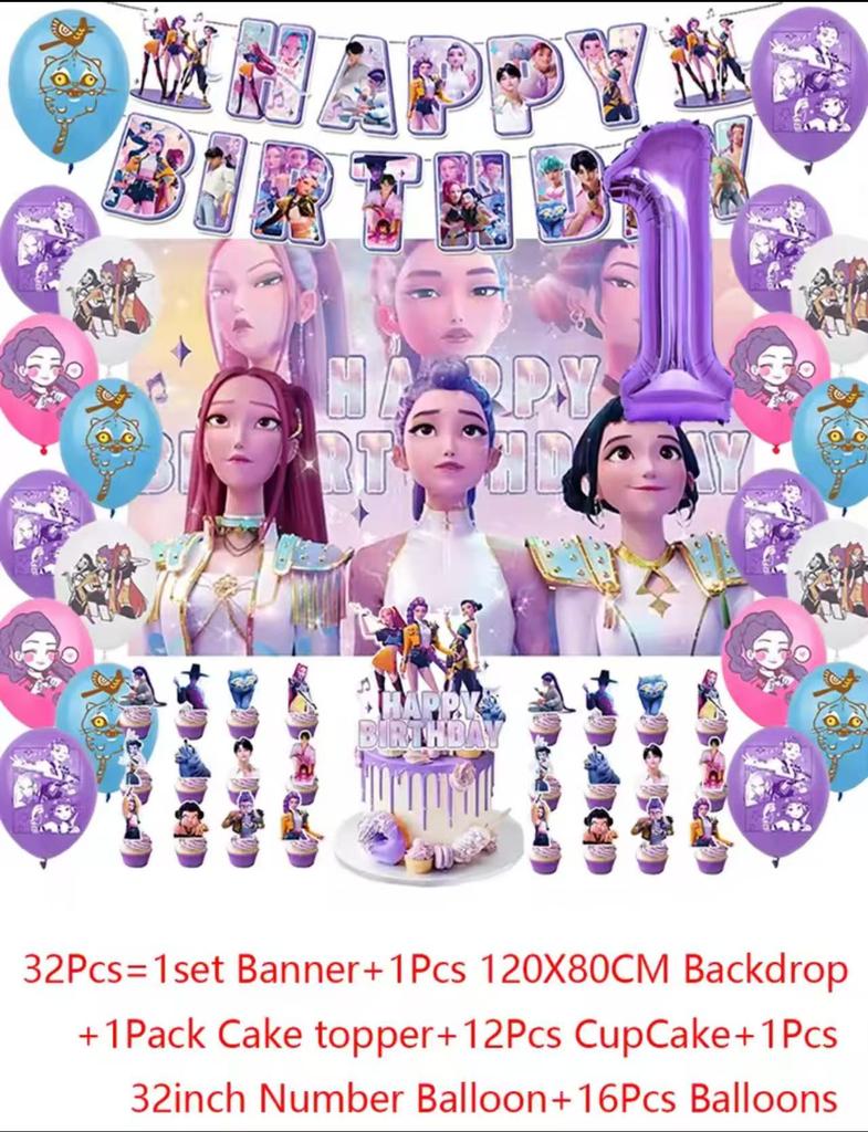 Sada příborů Demon Hunters Party Banner Pozadí Balónky Dortový Topper Venkovní Piknikové Potřeby Narozeniny pro Korejskou Kpop Anime Párty