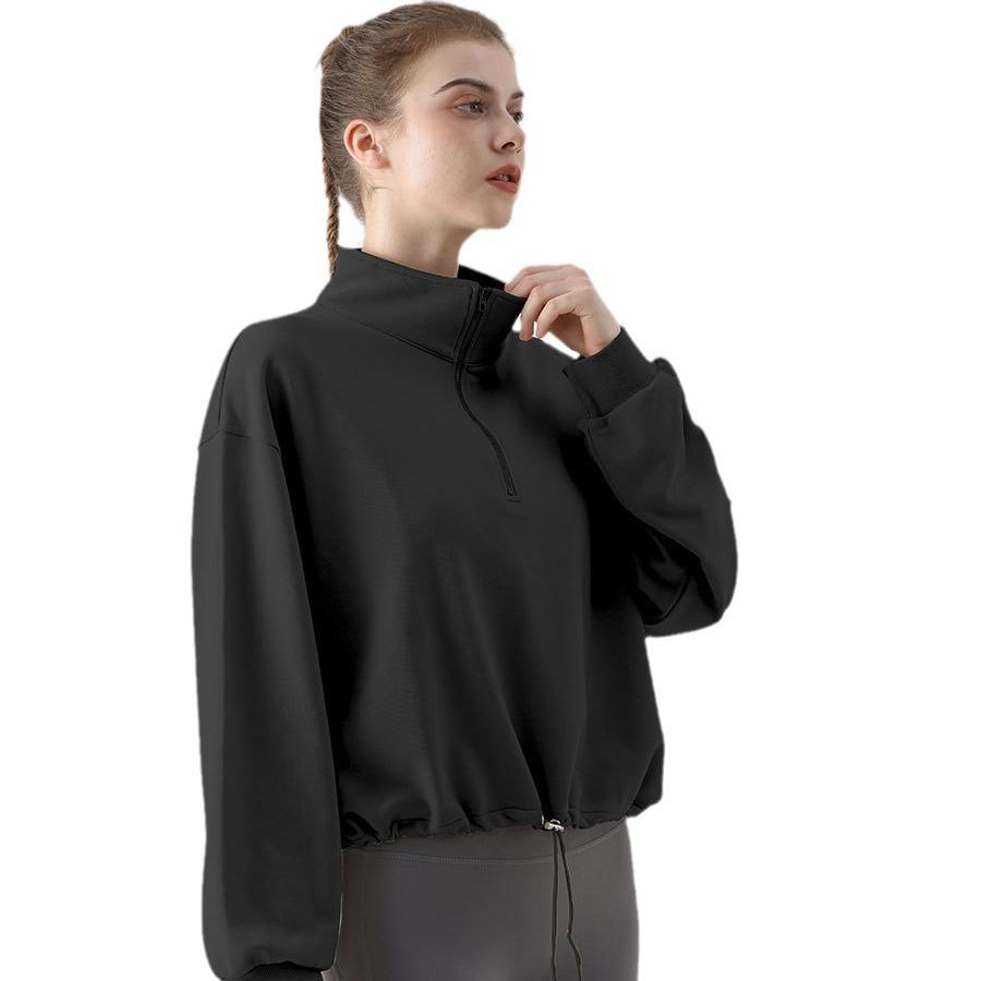 Женские свободные толстовки с капюшоном и воротником-стойкой на половину молнии повседневные с длинным рукавом в стиле хип-хоп свободный крой с отверстием для большого пальца осенняя куртка пальто большие размеры L чёрный 3359₽