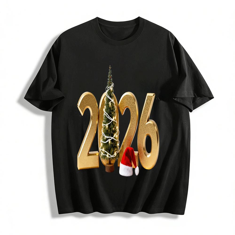 2026 Christmas New Year Glitter Number Tree Graphic Casual Top Pure cotton T-shirt XXS