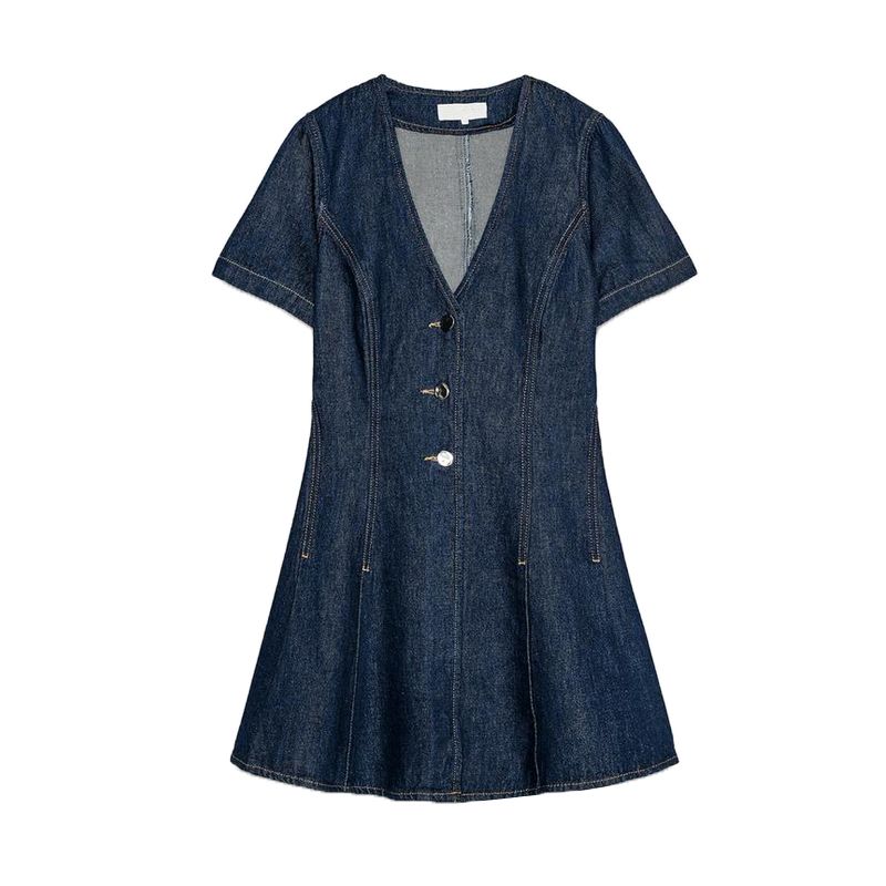 

Spring and Summer New Women s Clothing Decorated Row Button A- line Hem Short Sleeve Denim V-neck Mini Dress 6147059 Blue L