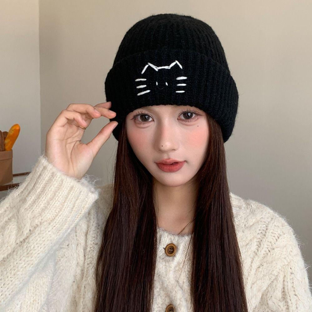 Embroidered Kitten Knit Beanies Warm Printing Knit Cap Cute Cat Knitted Hat  Apparel Accessories