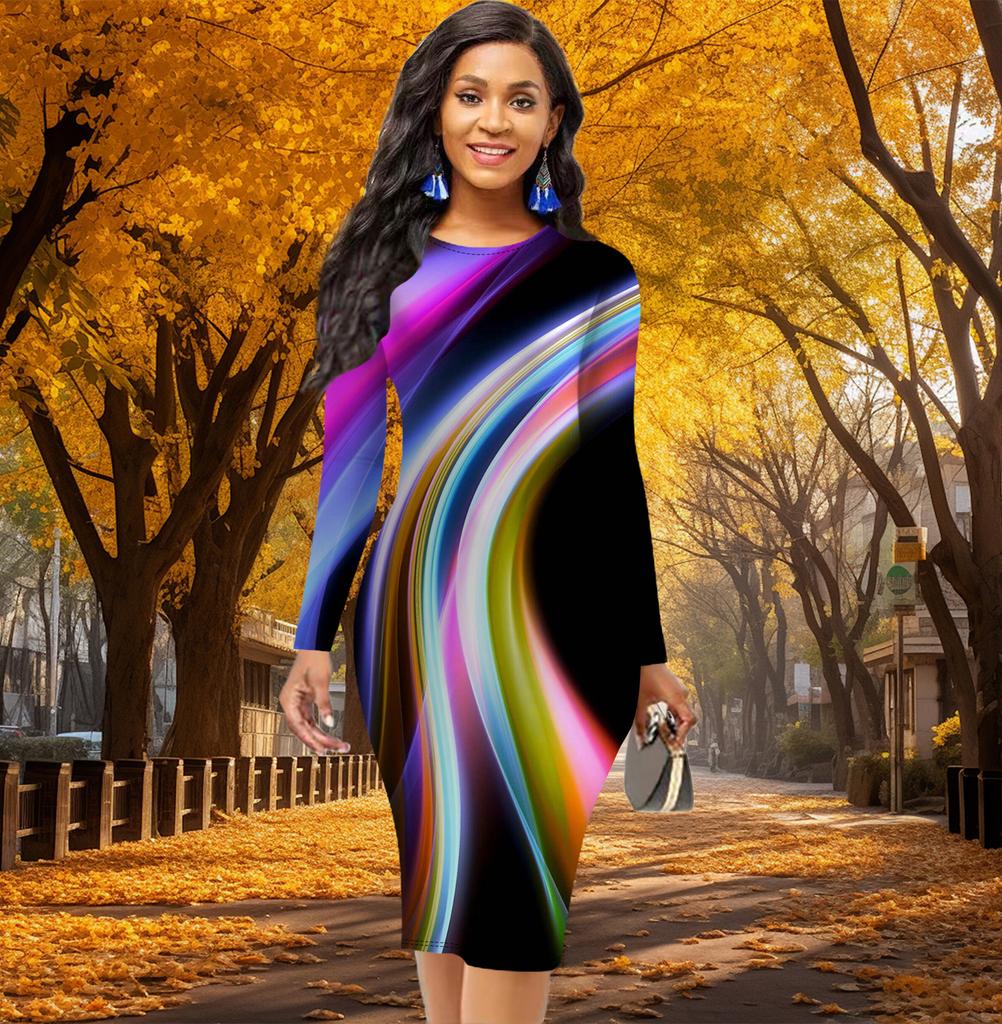 Long Sleeve Waist Tight Office Slim Fit Dopamine Light Printing Elegant Bodycon Dress