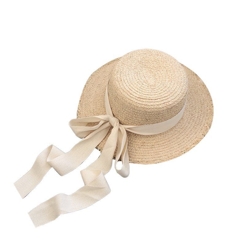 Rough Edge Flat Top Lafite Hat Female Bow Small Fresh Sun Protection Seaside Vacation Beach Sun Hat