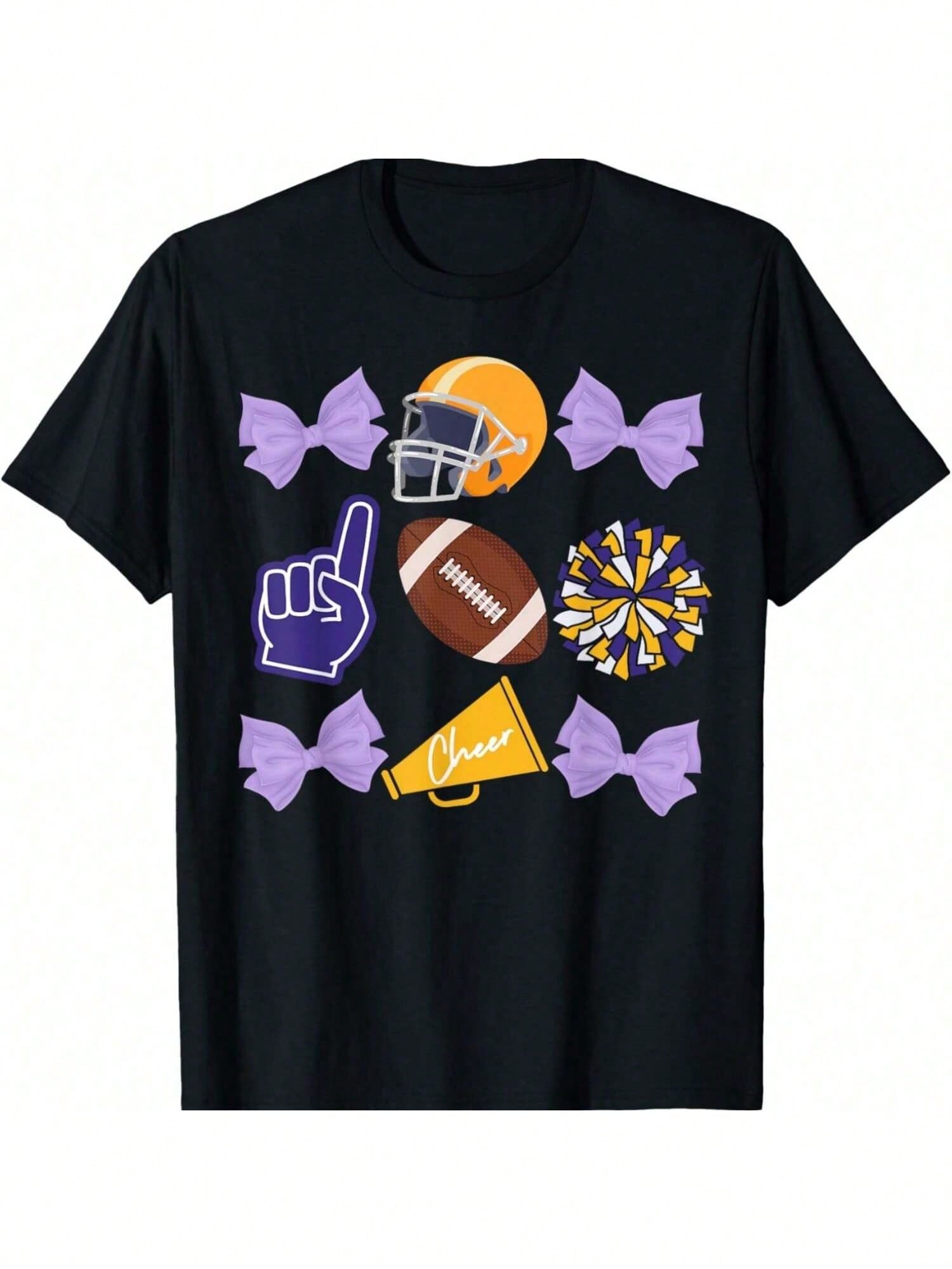 Coquette Bow Football Purple Gold Game Cheer Mom Touchdown T-Shirt S разноцветный