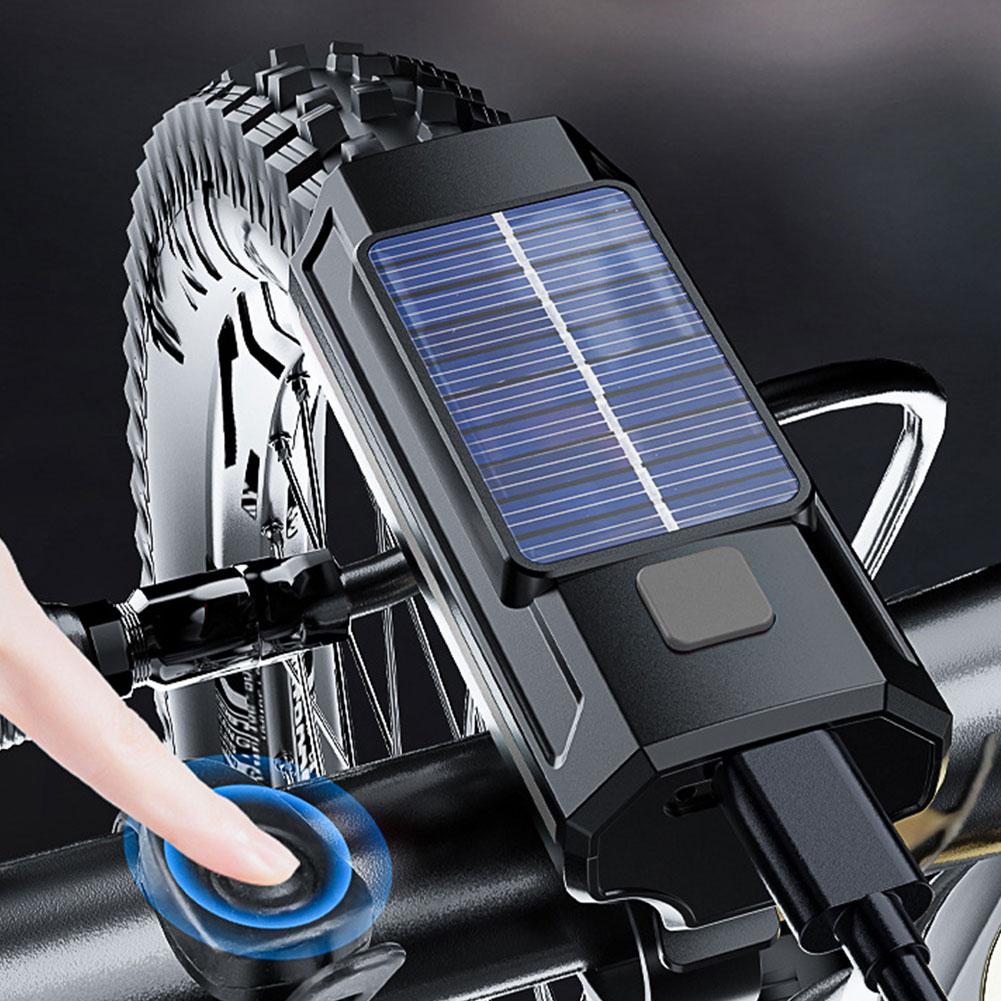 Solar LED Bicycle Light USB Charging MTB Road Bike Front Lamp Waterproof Bike Handlebar Flashlight with Horn Bicycle Accessories