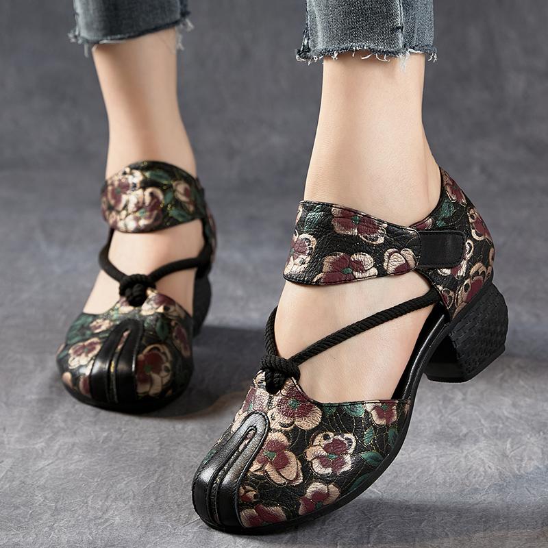 Moda GKTINOO 2025 Nowe Damskie Sandały Lato Skóra Naturalna Nadruk Grube Obcasy Sandały Styl Retro Okrągły Nosek Casual Wysokie Obcasy Buty