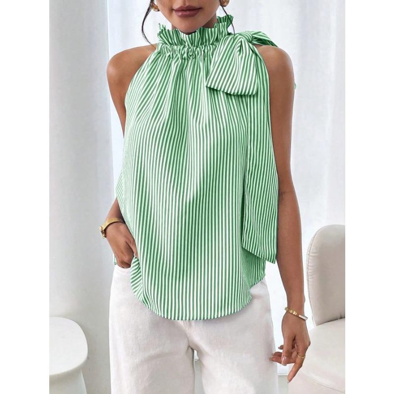 

YYFS Women s Fashion Casual Stripe Print Summer Spring Sleeveless High Neck Blouses & Shirts XXL светло-зеленый