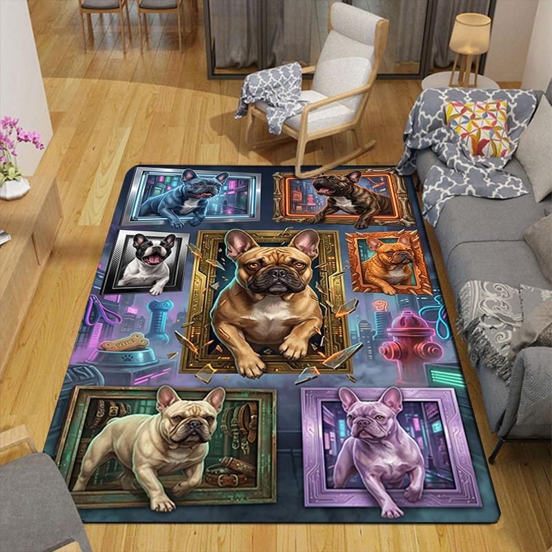 Frenchie Frames Neon Cityscape Pattern Rug Floor Mat for Living Room or Bedroom Soft and Comfortable Carpet a Gift for Birthday and Holiday.