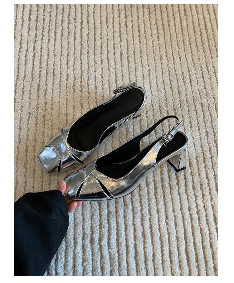 Sheepskin version of the new spring and summer French silver square head one-word buckle high heels women's thick heel single shoes bag head sandals