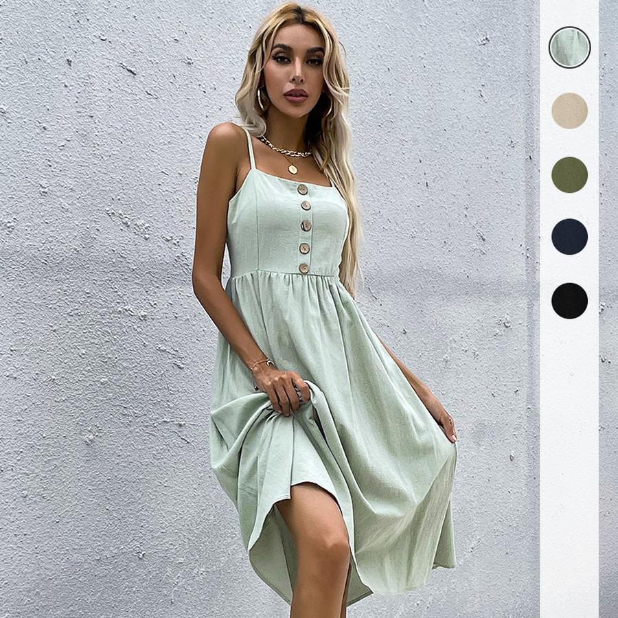 Clothing Women's Summer Strappy Dress Slim Fit Pure Color Cotton Linen Dress