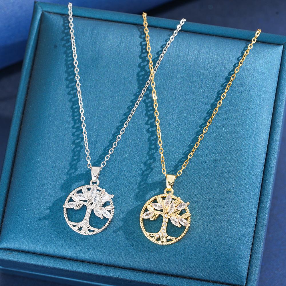 Tree of Life Round Pendant Necklace, Titanium Steel with Full Diamond, Elegant Light Luxury Clavicle Chain for Women