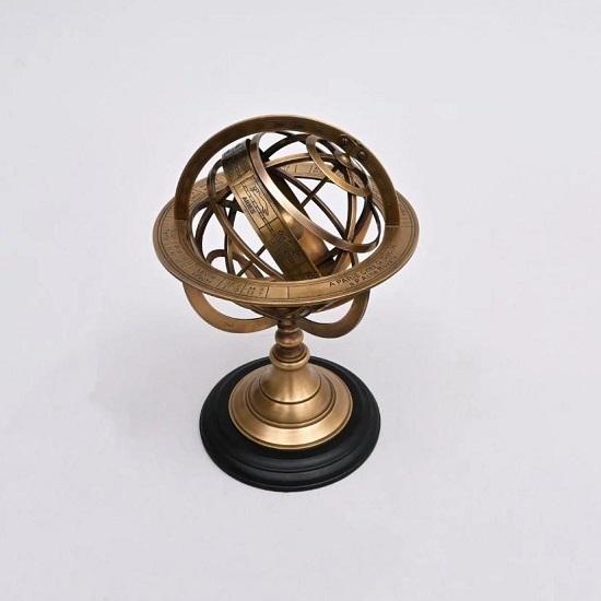 Decorative Brass Armillary Sphere with Wooden Base Astronomy Decor Desk Shelf