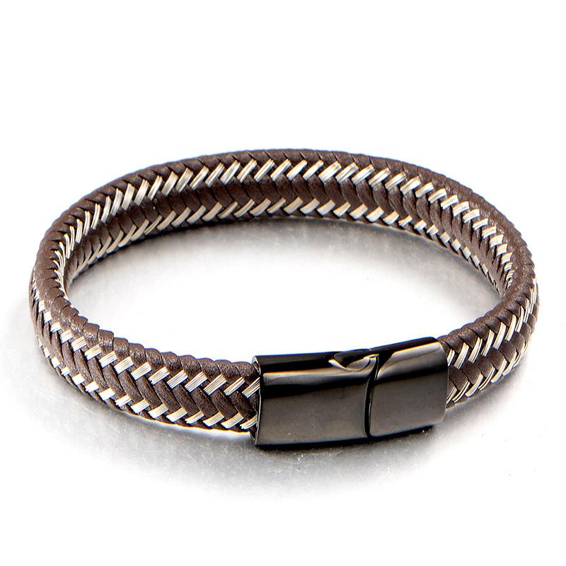 Fashion versatile models, European and American woven leather ropes, simple stainless steel bracelet series
