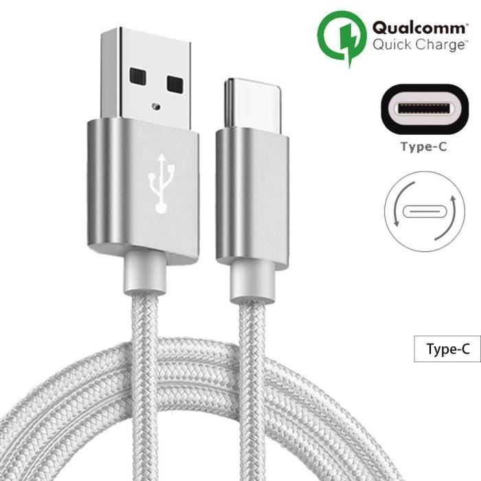 Câble usb type c, 1m, pour téléphone -nylon argenté