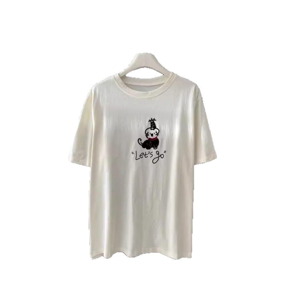 Korean Age-Reducing Red Scarf Puppy Embroidered Women's T-Shirt - Soft Cloud Cotton Brushed Short Sleeve Spring/Summer 2025