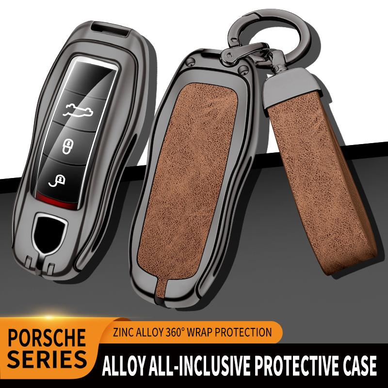 Leather Car Metal Key Case Cover Shell Fob For Porsche Panamera Cayenne 971 911 9YA Macan Boxster Keychain Accessories