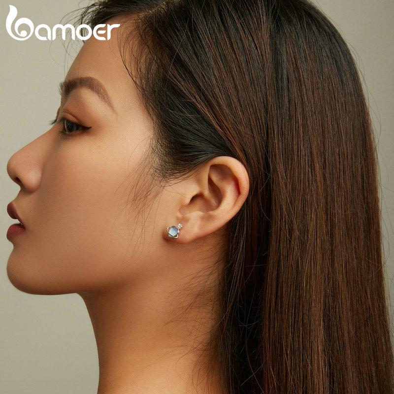 BAMOER 925 Sterling Silver Love Planet Stud Earrings for Women Fine Jewelry Simple Blue Heart Earrings Anniversary Gift