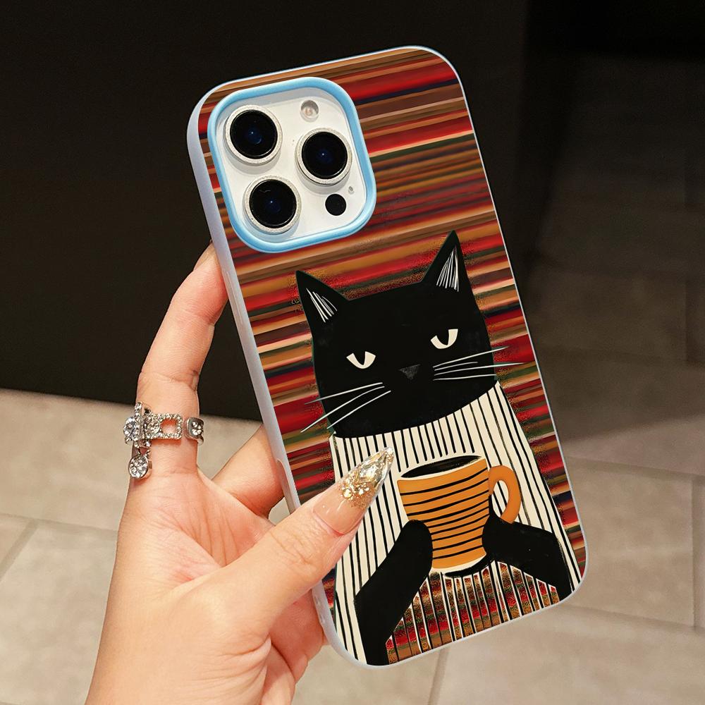Cute Coffee Cat Jelly Double layer Light Blue Mobile Phone Case for iPhone 17 16 15 14 13 12 11 Air Pro Max Plus Protective