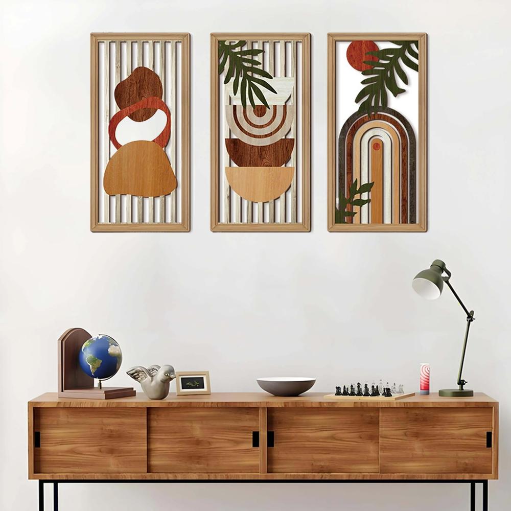 Modern Line Hollow Wooden Art Wall Decor Abstract Geometric Wall Sculptures Banana Leaves Bohemian Wall Art Decor