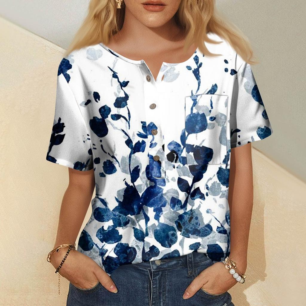 Damenmode, lässig, kurzärmelig, bedruckt, Rundhalspullover, Top-Bluse