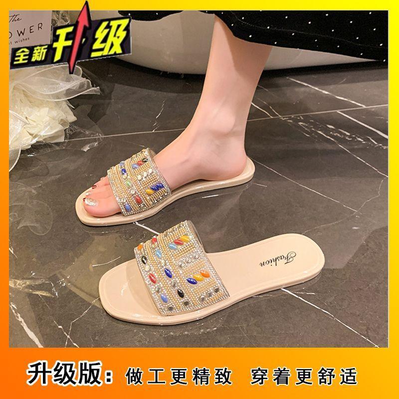 

Niche rhinestone slippers women s versatile wear 2025 summer new simple, fashionable and comfortable flat-bottomed cool slippers 41