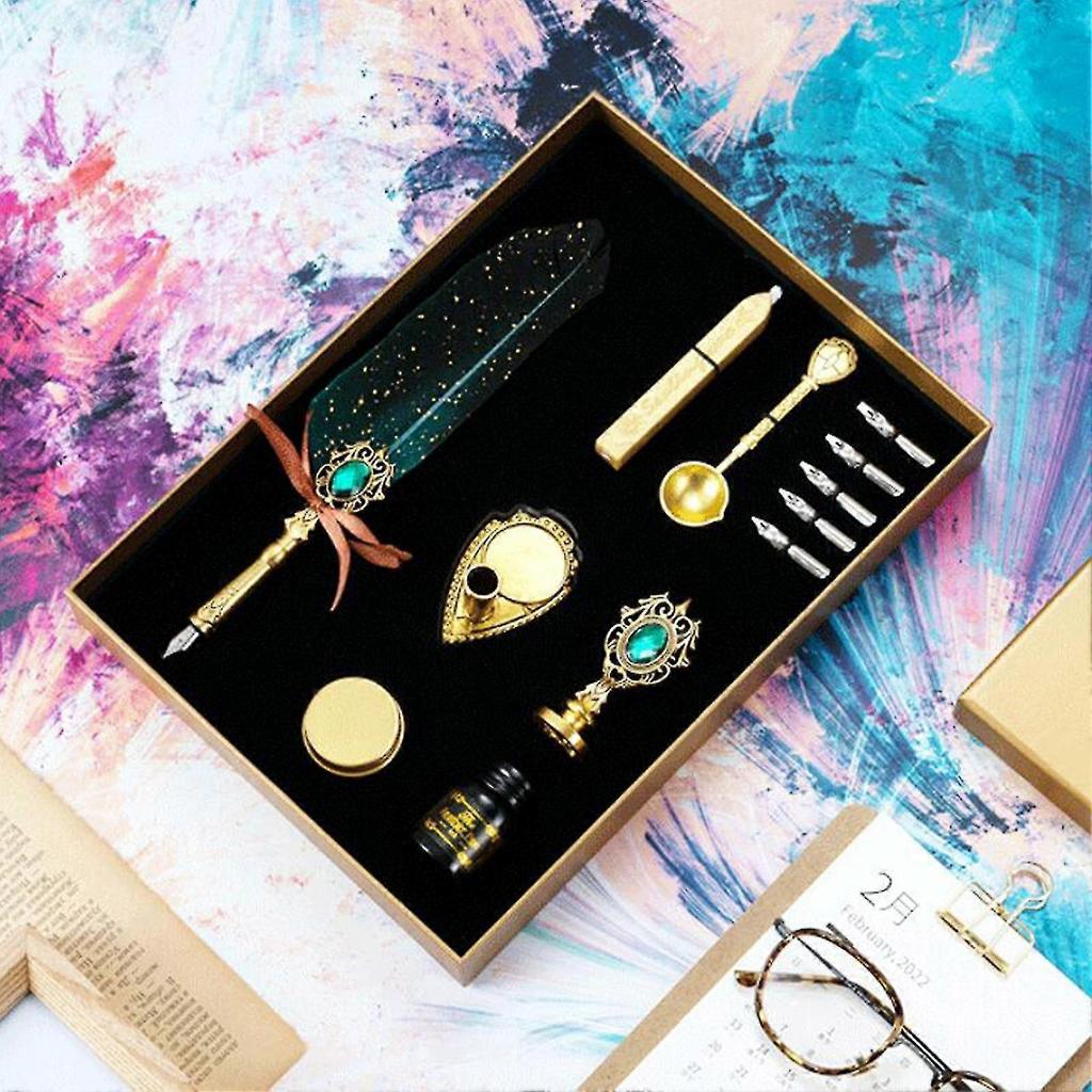 Naievear Retro Gold Feather Pen With Ink British Dipped In Water Pen Set Business Wax Seal Student Gift Box Set