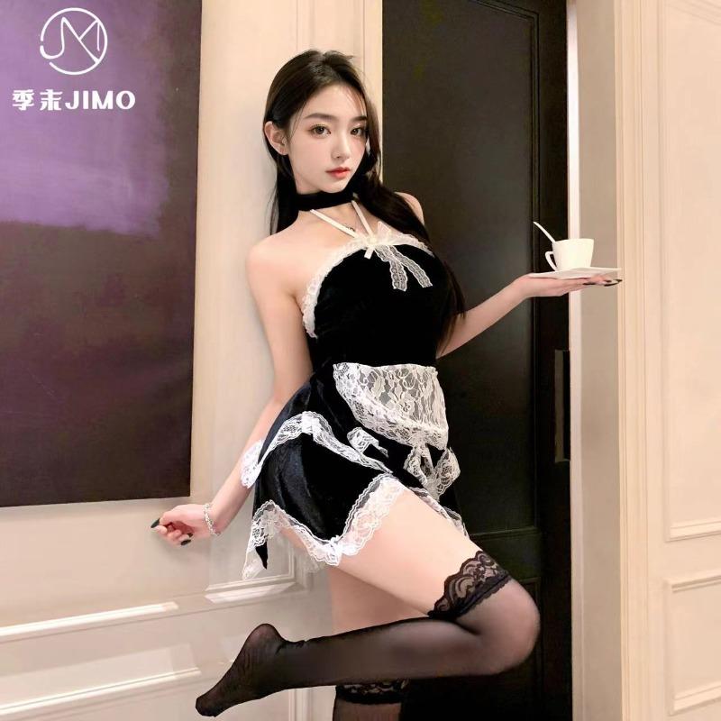 Sex Underwear Ruffle Lace Suspender Dress Velvet Neck Maid Dress Irregular Uniform Suit