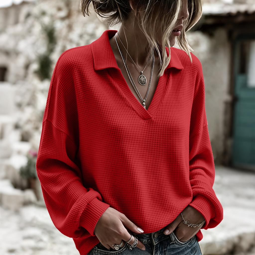 Women's Casual V-Neck Long Sleeve Loose Fit Pullover Top for Everyday Wear