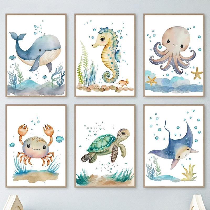 Cute Whale Sea Horse Octopus Crab Turtle Wall Art Posters And Prints Nordic Nursery Canvas Painting Picture Baby Kids Room Decor
