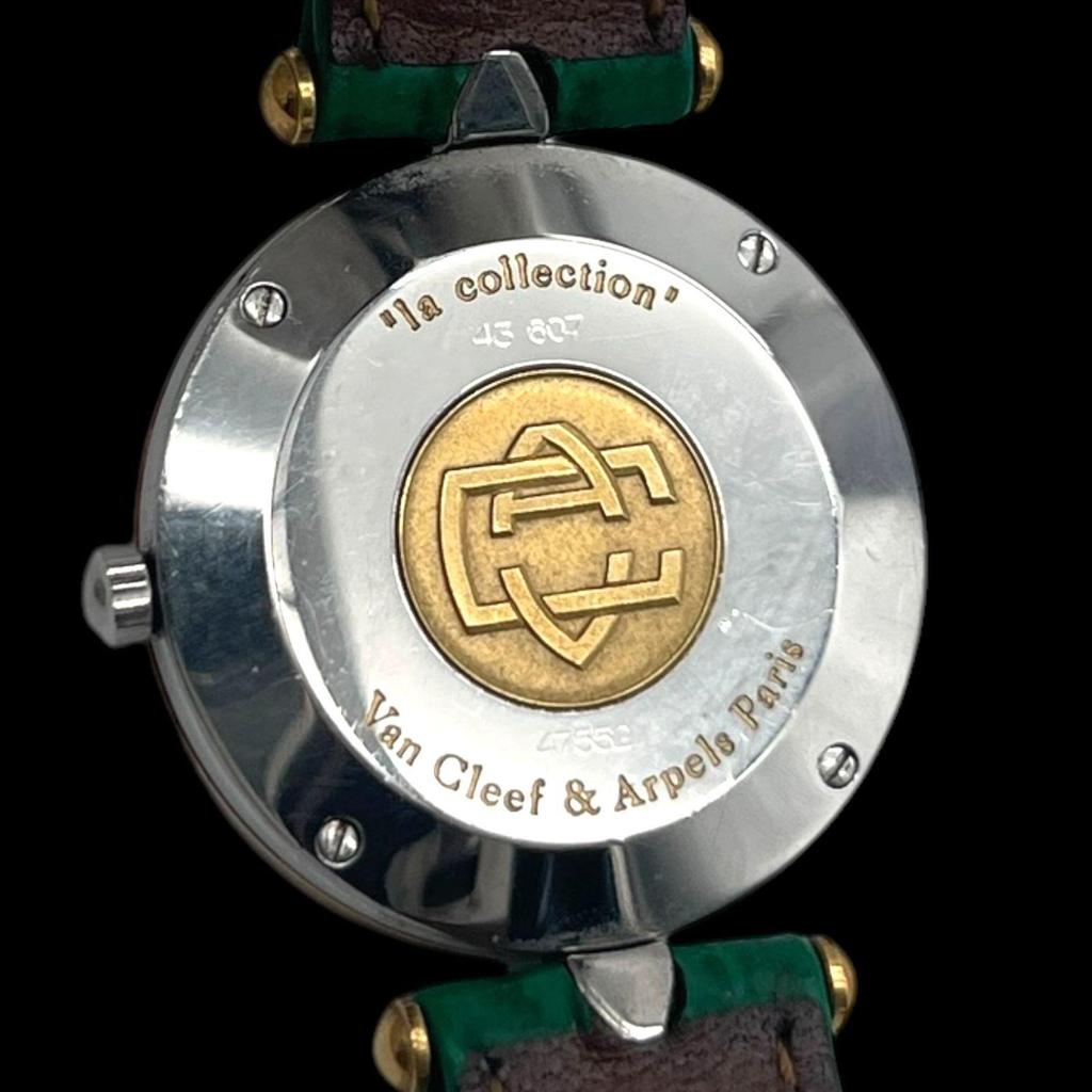 Used New Battery, Working Condition. Van Cleef & Arpels La Collection 43607 Ladies Watch, Quartz, 2 Hands, Original Leather Strap, White Dial, Green.
