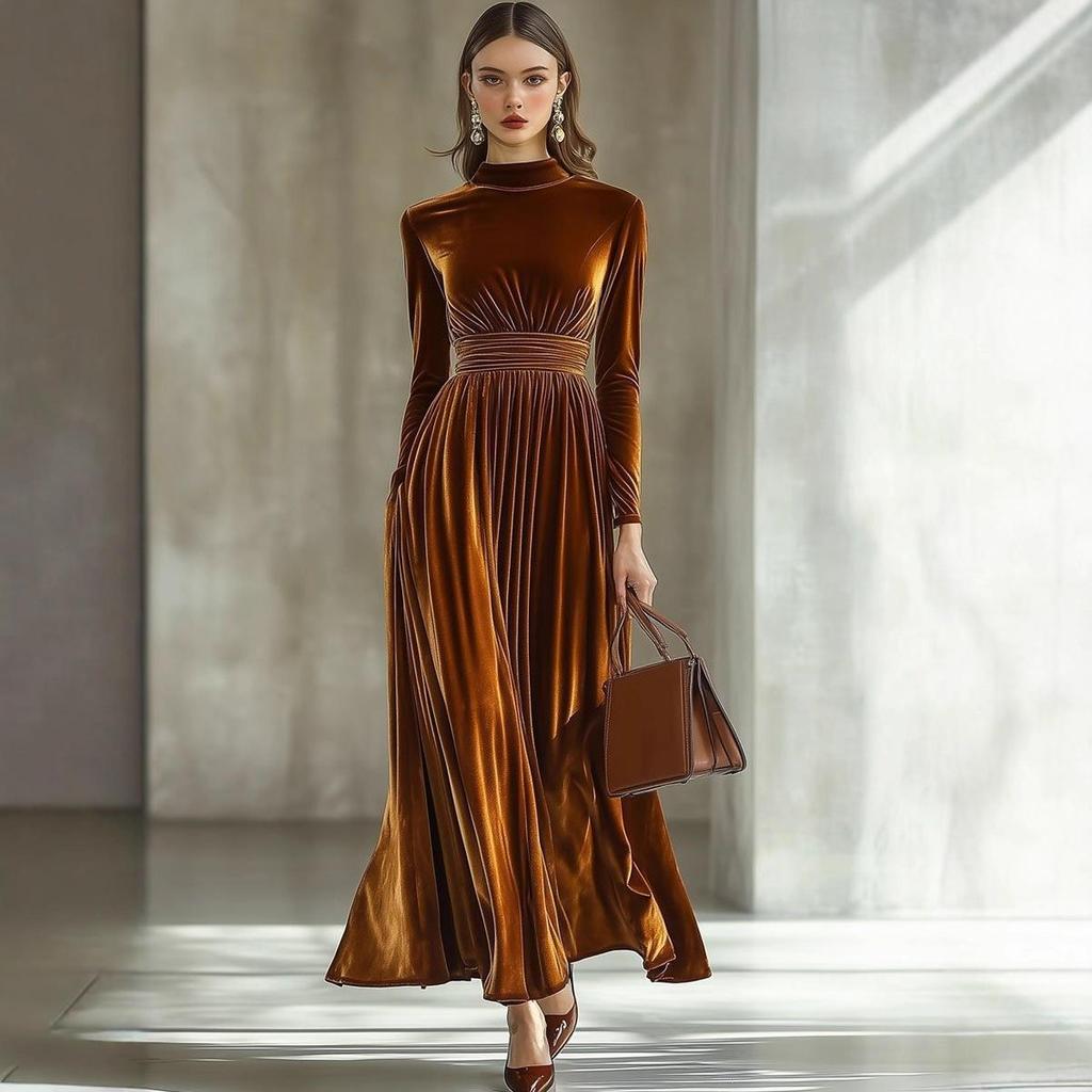 Women's Long Sleeve Velvet Belted Midi Dress with Puff Sleeves