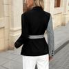 Autumn New Design Contrasting Color Splicing Irregular Lapel Belt Waist Blazer