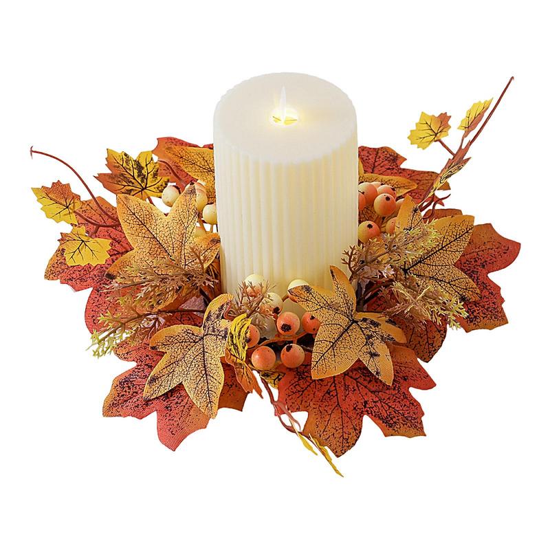Fall Candle Ring 9.8Inch Maple Leaves Harvest Day Wreath Ring Holder Small Wreath Pillar Candle Holder for Home Party Decoration